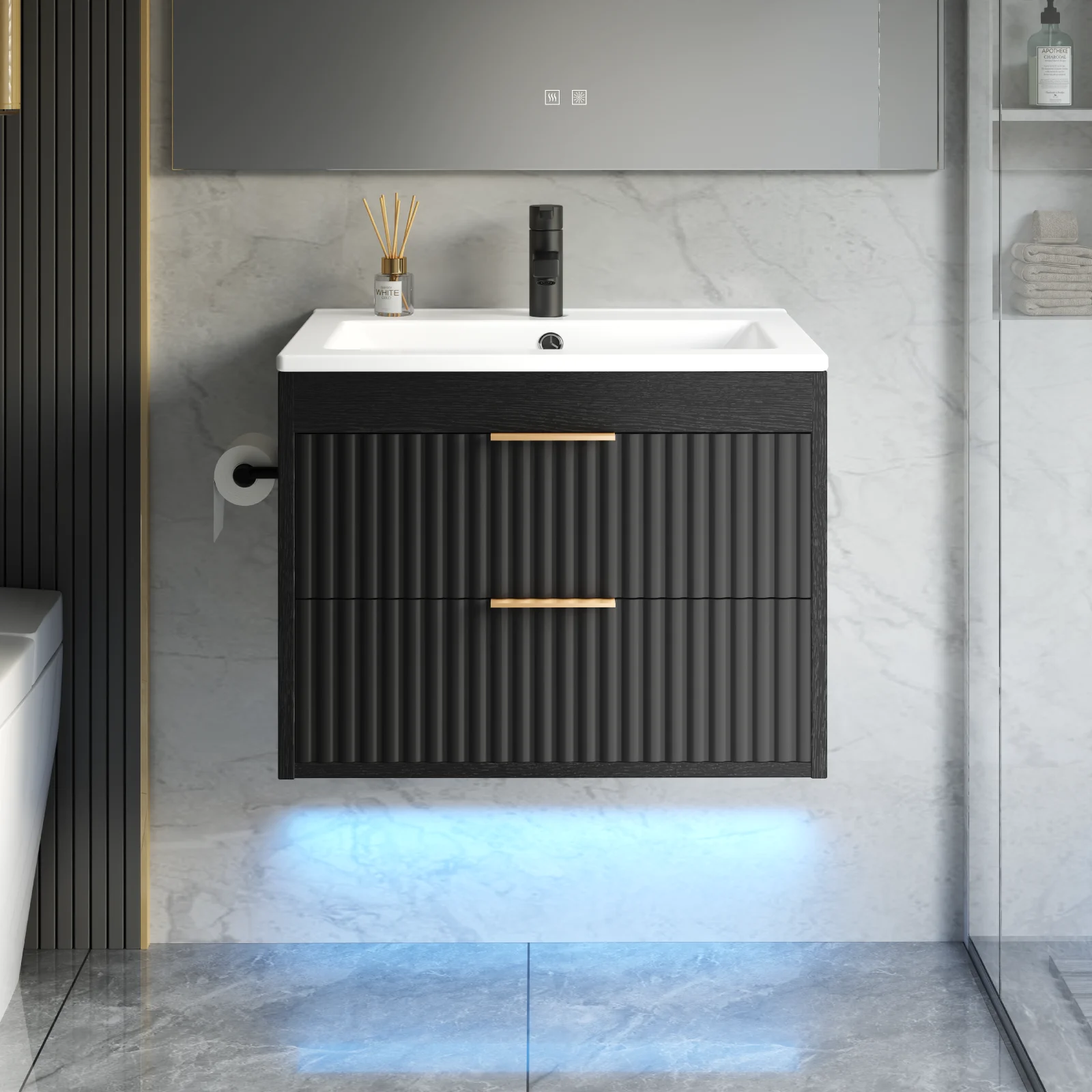 24' Floating Bathroom Vanity with Sink, Modern Wall Mounted Cabinet, 2 Drawers with Black Handles, for Bathroom/Laundry Room, White/Black