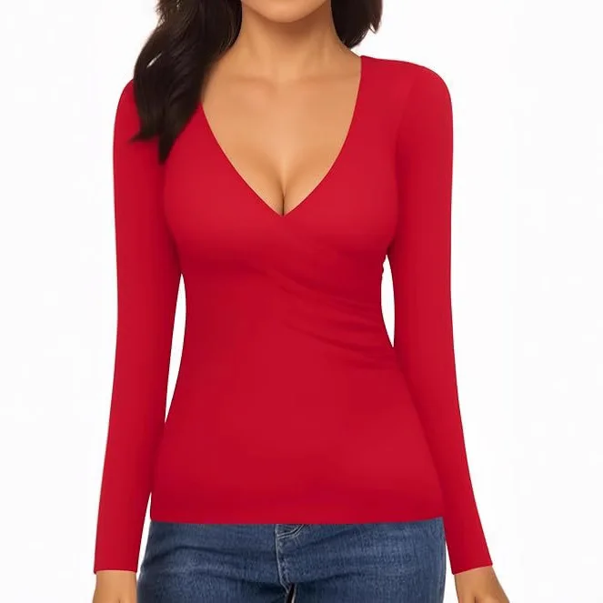 Cross-border Amazon's new hot-selling women's cross-pleated low-cut sexy deep V-neck slim-fitting long-sleeved T-shirt cw80459