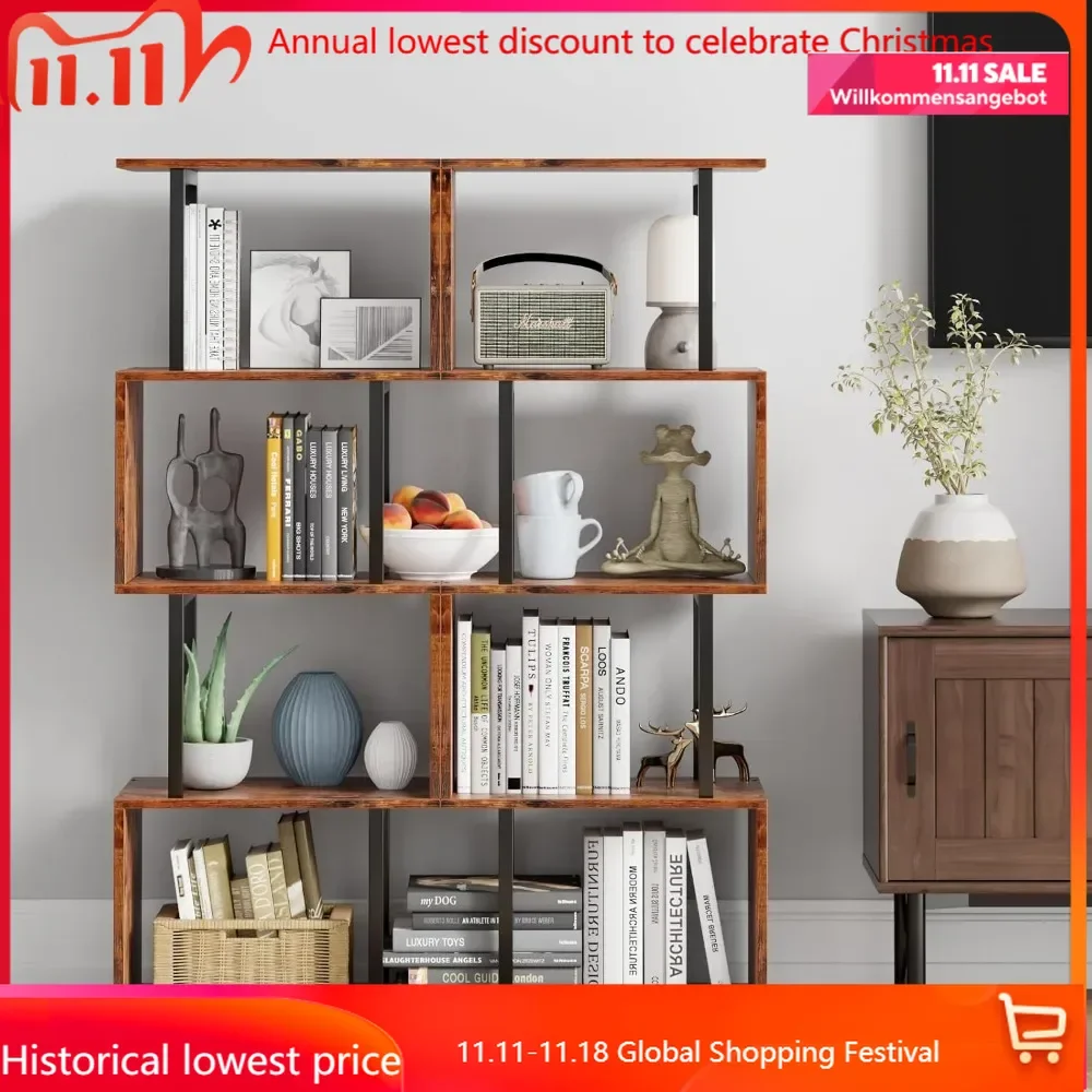 

5-Tier Bookshelf, S-Shaped Geometric Bookcase, Narrow Freestanding Display Shelves, Modern Wood Decorative Storage She