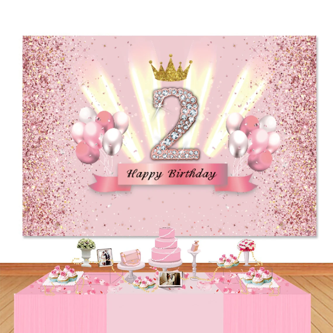 وردي 2 سنة عيد ميلاد سعيد خلفية للحفلات ، بالون الطفل خلفية التصوير الفوتوغرافي ، التصوير الفوتوغرافي راية الدعائم للفتيات والفتيان ، 2 سنة