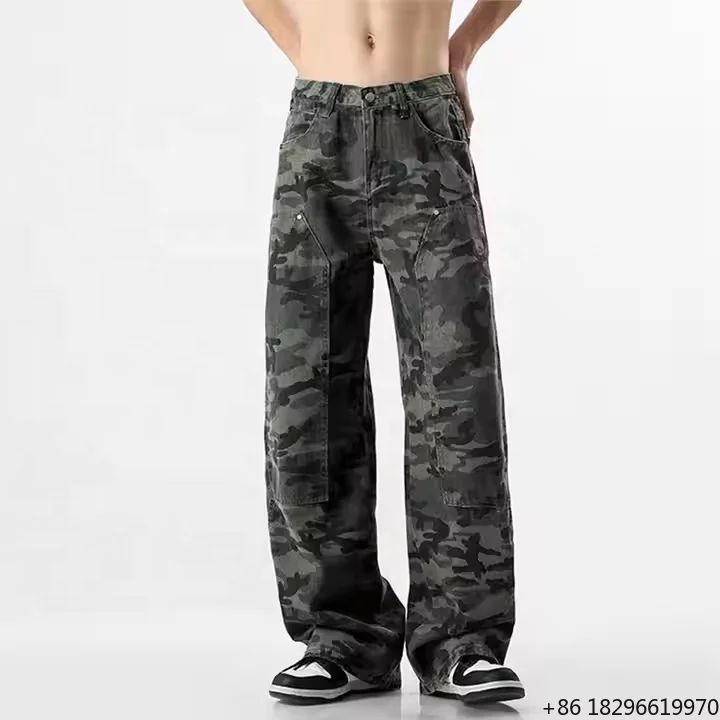 New Arrival Men's Vintage Winter Straight Camouflage Jeans Distressed Denim Street Fashion Stacked Carpenter Pants Outdoor