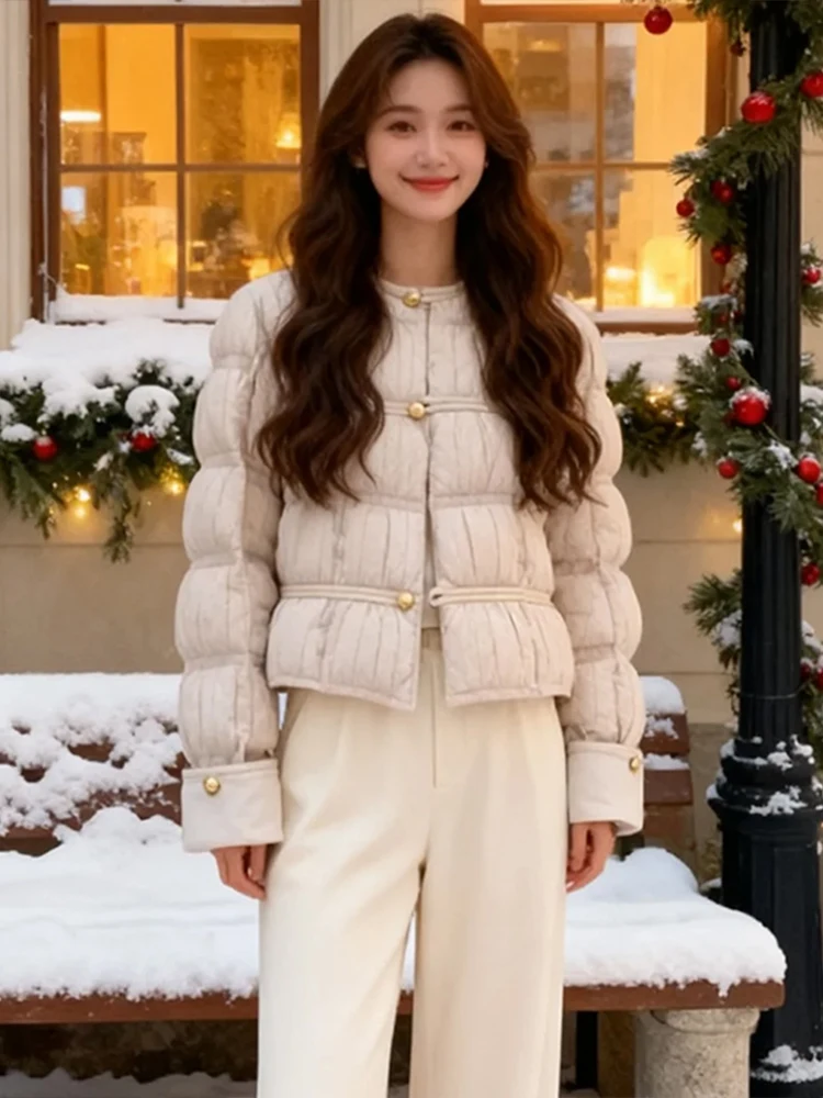 Korean Style Short Lightweight Warm Cotton Jacket Women's Autumn Winter New Fashion Square Grid Patterned Coat Comfortable Ou...