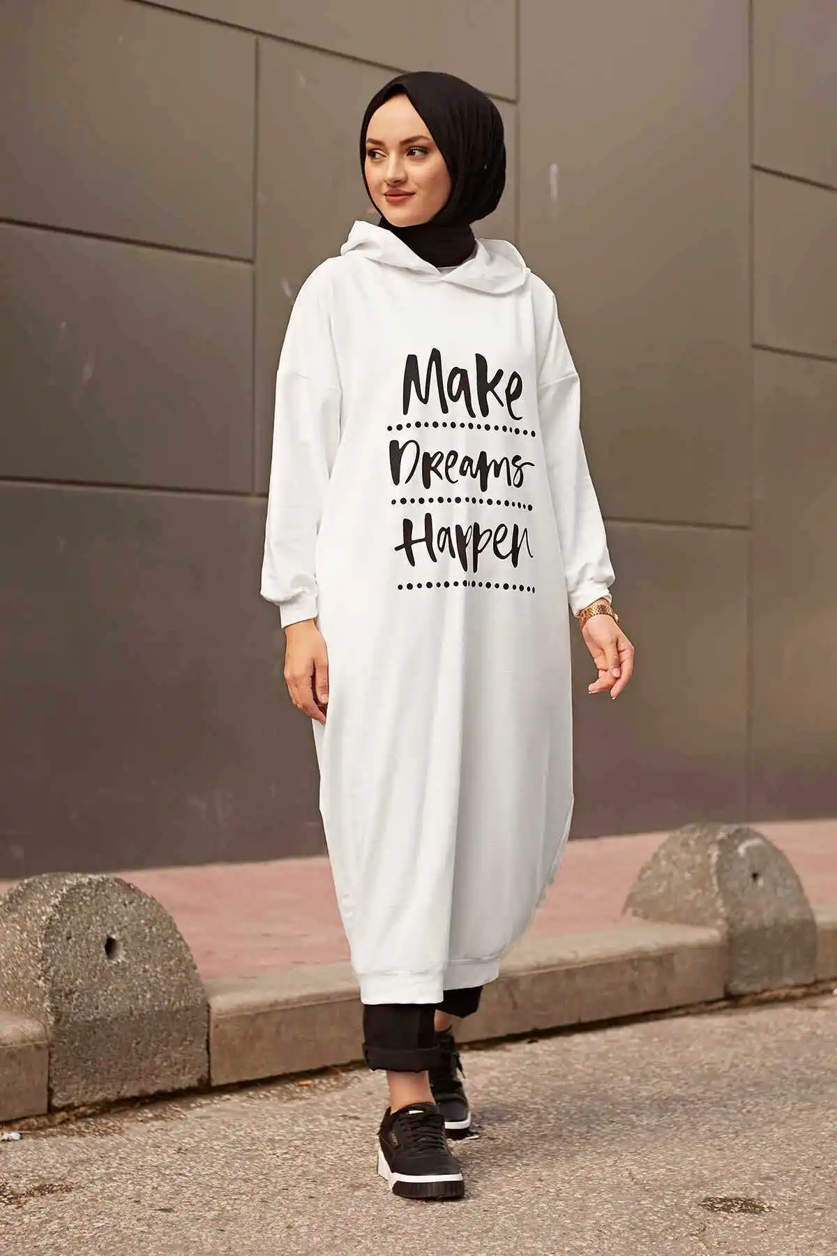 Lettering Printed Long Sports Tunic White Winter Autumn 2021 Muslim Women Hijab headscarf islamic Turkey