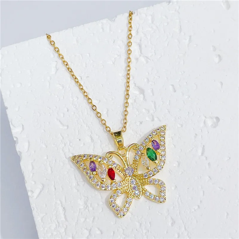 Luxury Colorful Zircon Big Butterfly Pendant Necklace Stainless Steel Choker Collar Jewelry Party Gifts For Women Girls