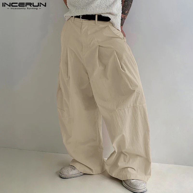 INCERUN Men Pants Button Joggers Solid Color Loose Casual Wide Leg Trousers Men Pleated Streetwear 2025 Male Long Pants S-5XL