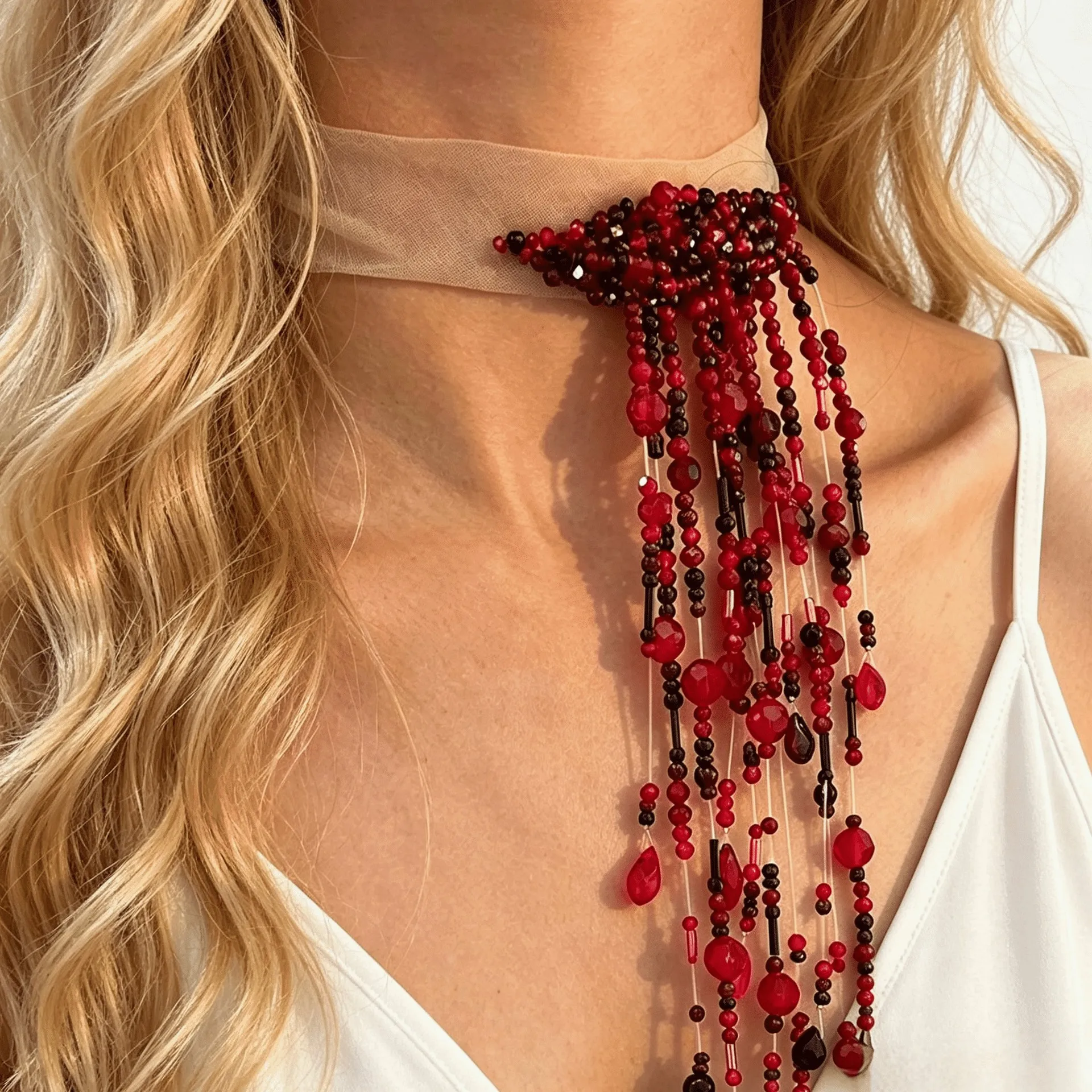Dark Gothic Wine Red Crystal Pendant Tassel Necklace Gauze Ribbon Choker Unique Sophisticated Collarbone Chain for Women