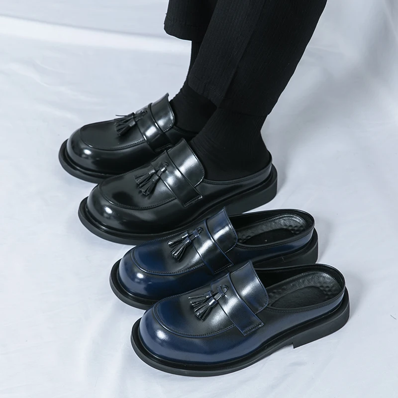 

Men Fashion Tassel Shoes Black PU Thick Sole Anti slip One Step Step Business Brand Half Slippery Leather Shoes 38-46 Men Shoes