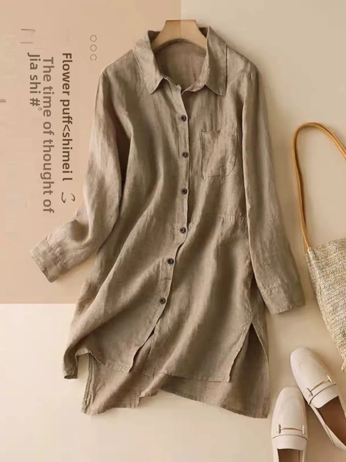 Casual Cotton Linen Long Sve irt Korean Sle Loose Fit  Collar Pure Color Brandl Commute Faion Spring 2024