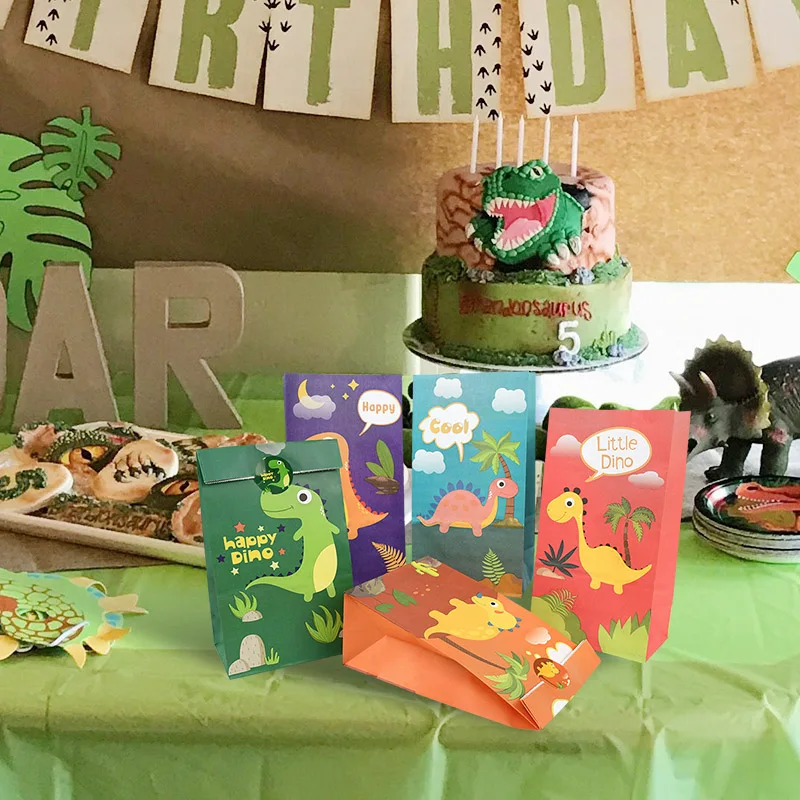 12Pcs Cartoon Dinosaur Candy Bags With Stickers Cookies Gifts Packaging Paper Bags For Kids Dino Theme Birthday Party Decoration