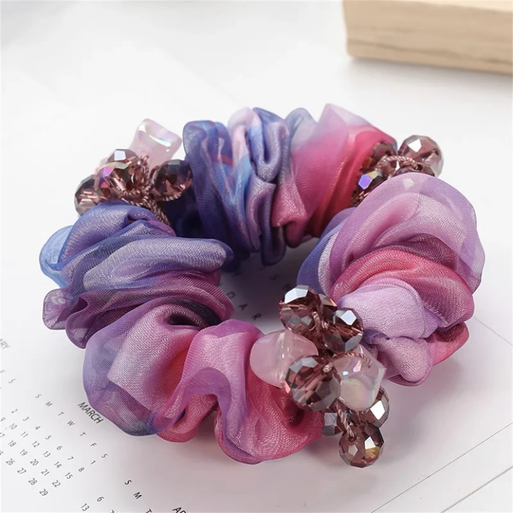 Hermosas cuerdas para el cabello para Gril Bling Pearl Flower Scrunchie, corbatas para el cabello de Organza transparentes, soporte elástico para