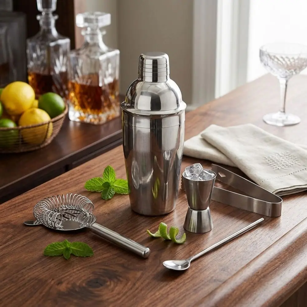 Professional Stainless Steel Cocktail Shaker Set Measuring Jigger Strainer Muddler Bartender Kit Mixology Tools Bar