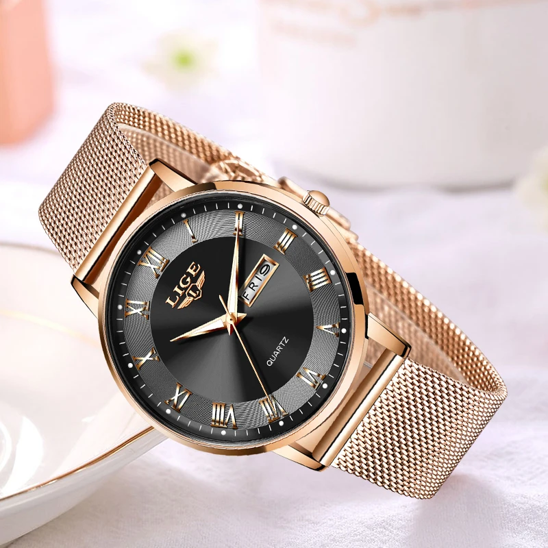 LIGE Frauen Uhr Armband Quarzuhr Bewegung Einfache Wasserdicht Rose Gold Edelstahl Mesh Damen Uhren Relogio Feminino