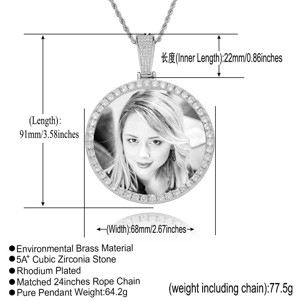 Personalized Custom Picture Pendant Necklace Zircon Inlay Gold Plated Stainless Steel Round Medallion Jewelry Anniversary Gi - view 5