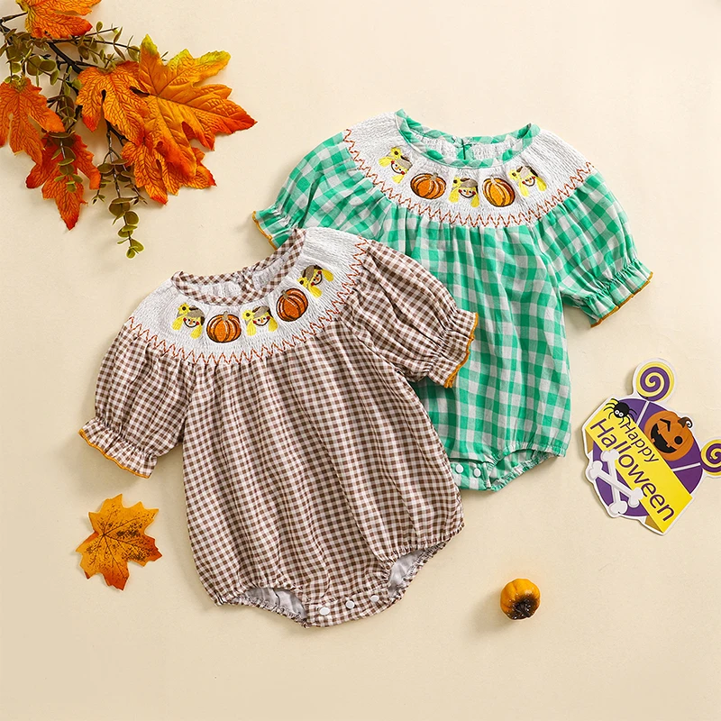 0-24M Baby Girl Halloween Romper Pumpkin Shirred Smocked Embroidered Plaid Ruffled Short Puff Sleeve Round Neck Fall Jumpsuits