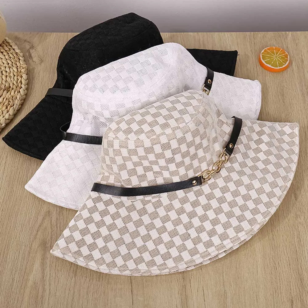 Neue modische Damen-Outdoor-Bucket-Hüte, lässige Reisehüte, karierte personalisierte Bucket-Fischerhüte, Freizeithüte, Sonnenschutzhüte – Detail 4