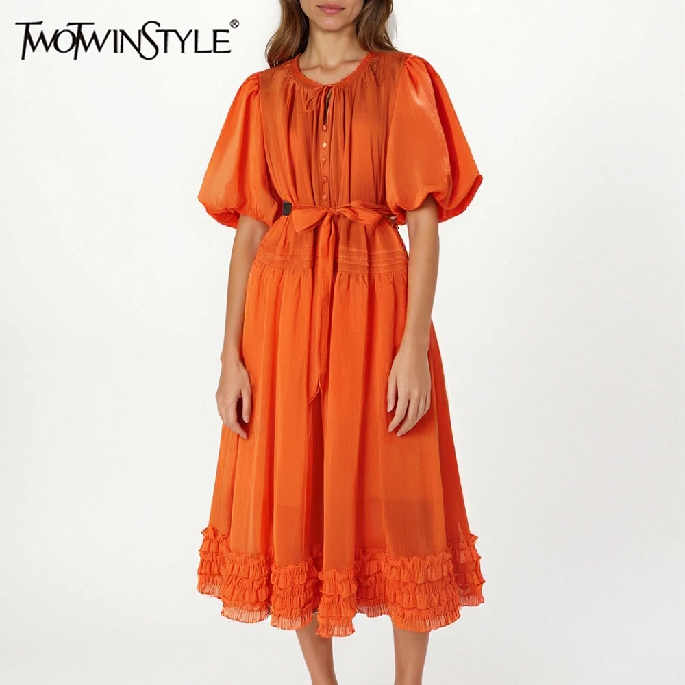 

TWOTWINSTYLE Solid Loose Spliced Lace Up Temperament Dresses for Women Round Neck Patchwork Ruffles Dress Female Fashion Style