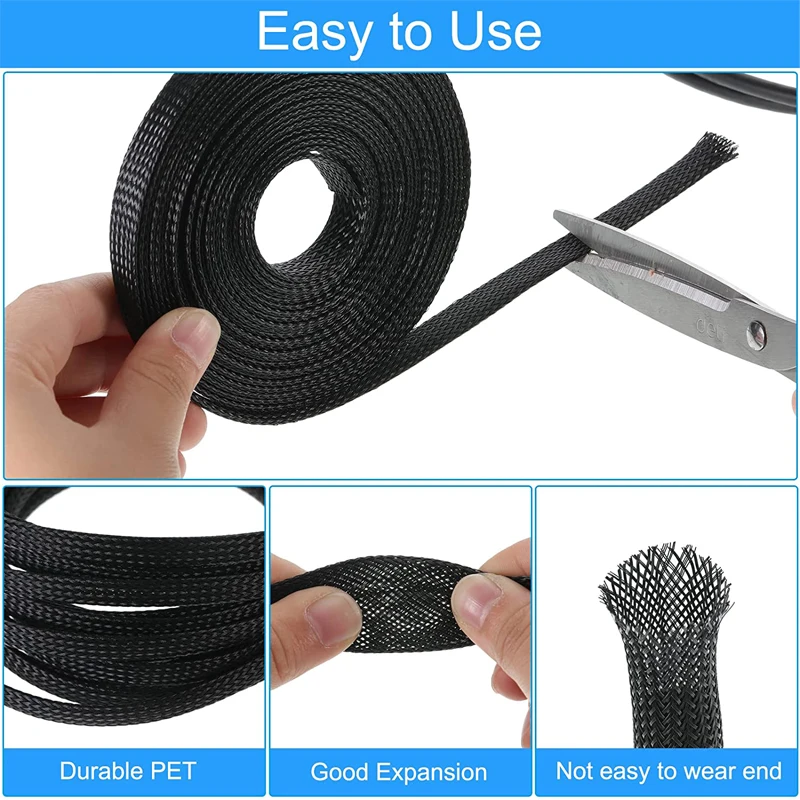 3m/9.85ft PET Expandable Braided Sleeving Flexible Wire Mesh Sleeve Black For TV Audio PC Cords Protect From Pets Chewing