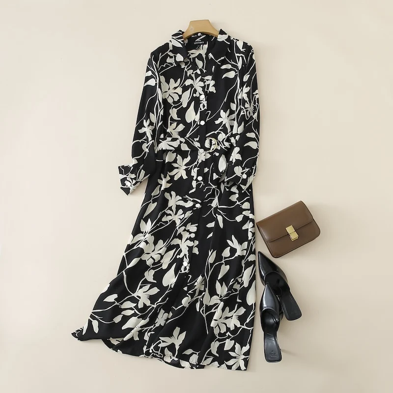 E Vestido Largo de Satén Ne Estampado con Chifón, Estilo Diosa, Nueva Versión de Moda Otoñal, Ropa Premium para Mujer