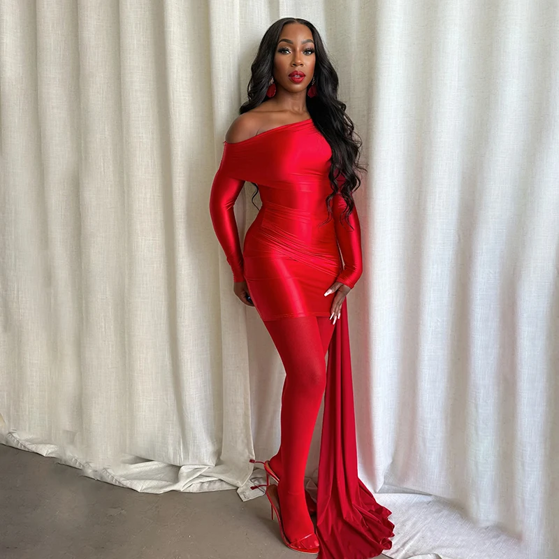 Womens One shoulder long sleeve short dresses Pleated mini Autumn winter Elegant party Evening Wedding guest ribbon Tight dress