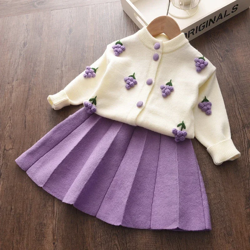 Girls Sweater Set Autumn Children\'s Jacket Sweater Tops Plaid Pleated Grape Princess Skirt Two-piece Suits Girls Clothing Sets