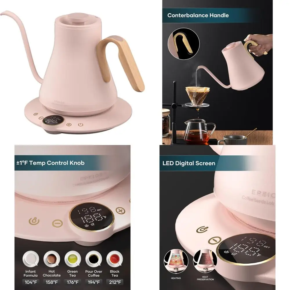 

±1°F Precision Temp Gooseneck Kettle for Pour Over Coffee & Tea, Fast Heating, BPA-Free, 1500W, 0.9L, Petal Pink