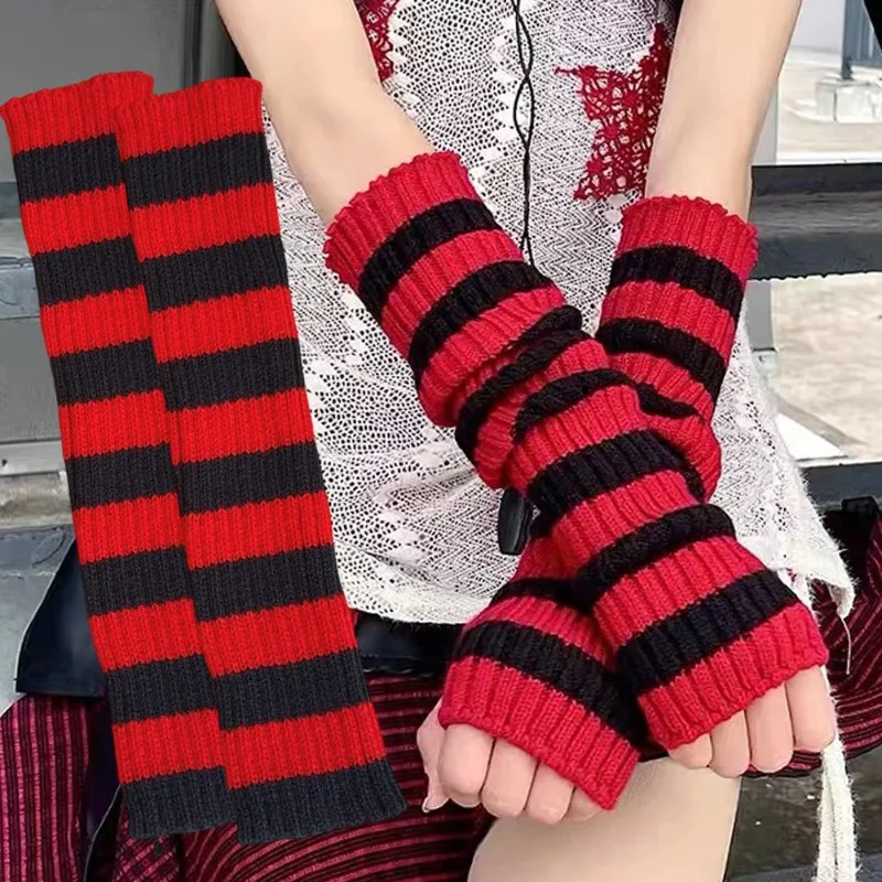 

Women's Knitted Fingerless Arm Sleeves Gothic Style Striped Winter Long Arm Warmers Girls Harajuku Y2K Fashion Wrist Gloves