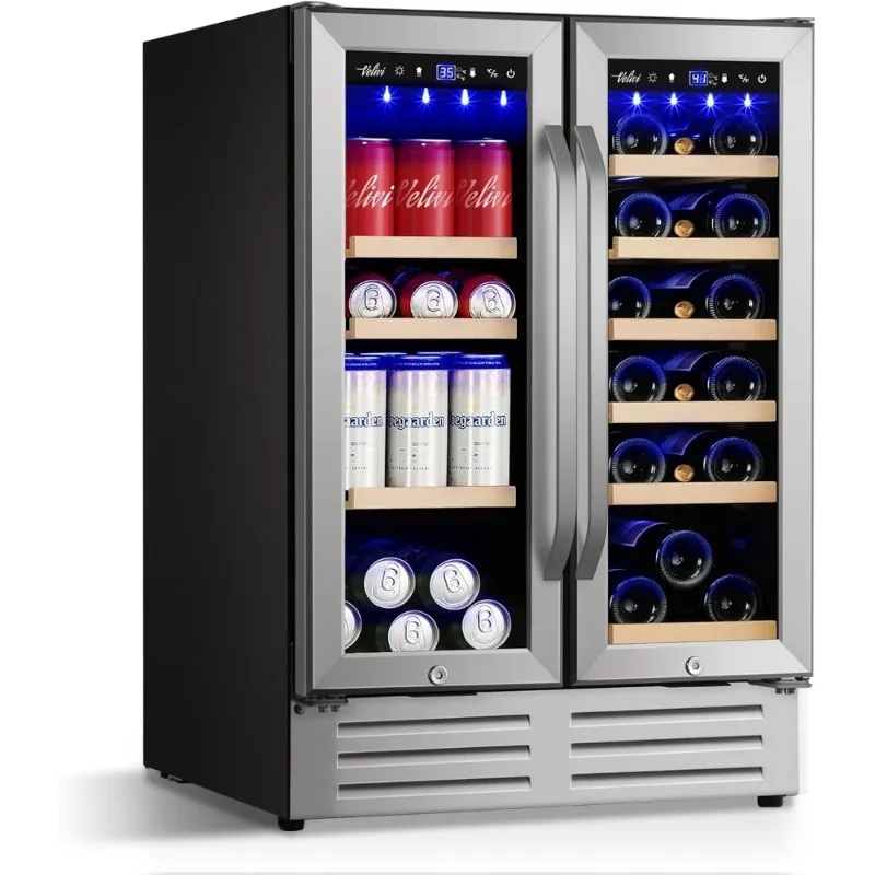 

Встраиваемый двухзонный холодильник для напитков большой емкости 24 дюйма с подсветкой для вина, пива, напитков, для дома, кухни, бара