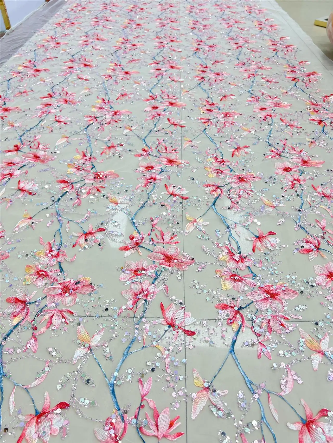 New branch flowers multi-color embroidery net sequin fabric modern exquisite cheongsam beaded lace wedding dress fabric