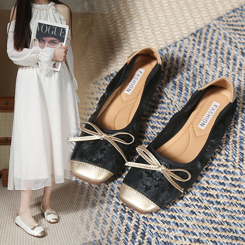 Round Toe Leather Flats Shoes Women Loafers Couple Woman Flat With Students Bow Slip on Ladies Shoes Office Comfortable Shoes