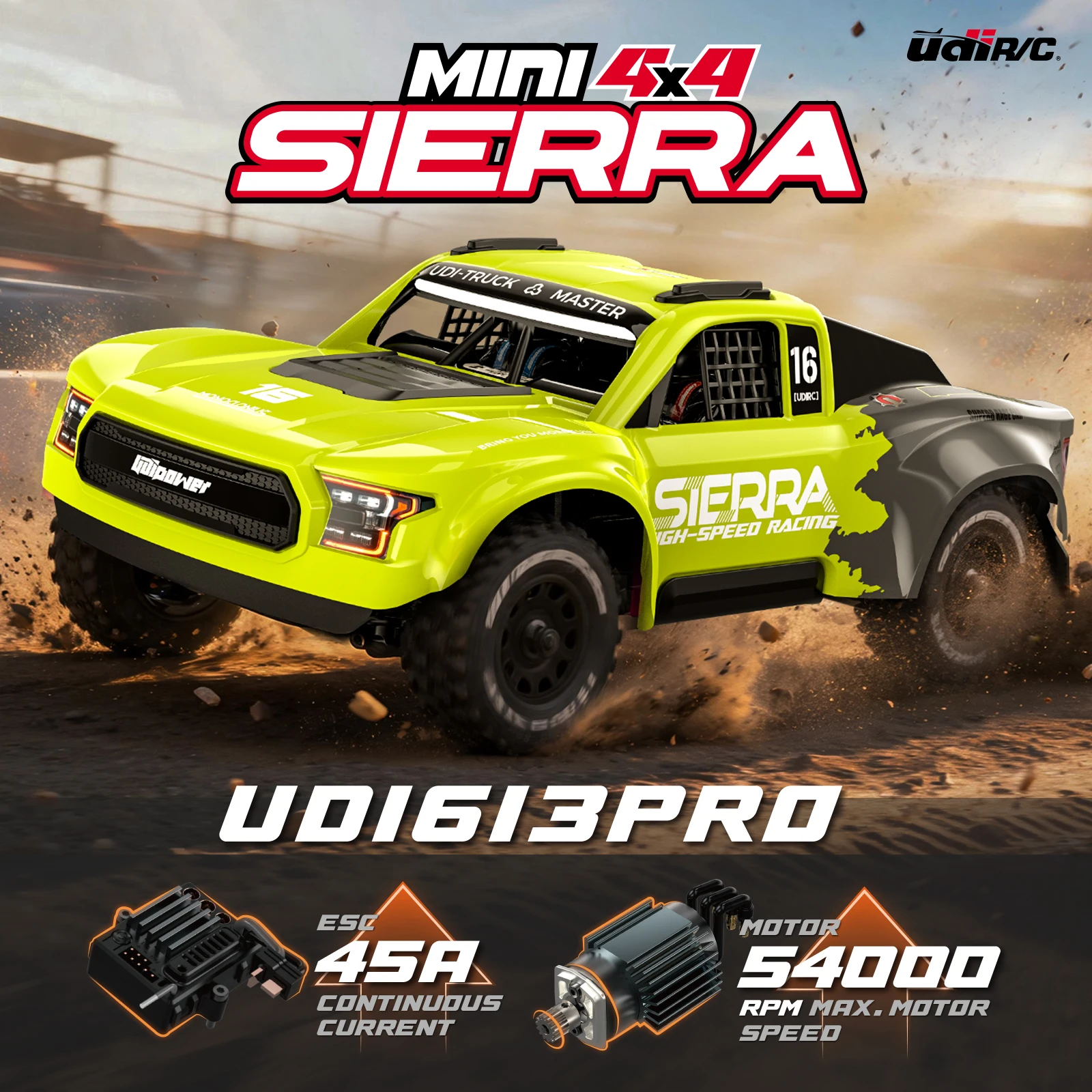 UDIRC 1/16 SIERRA UD1613 UD1613PRO 4WD Brushless RC Desert Truck Fast All Terrain Off Road RC Course Short Truck RC Model Toys