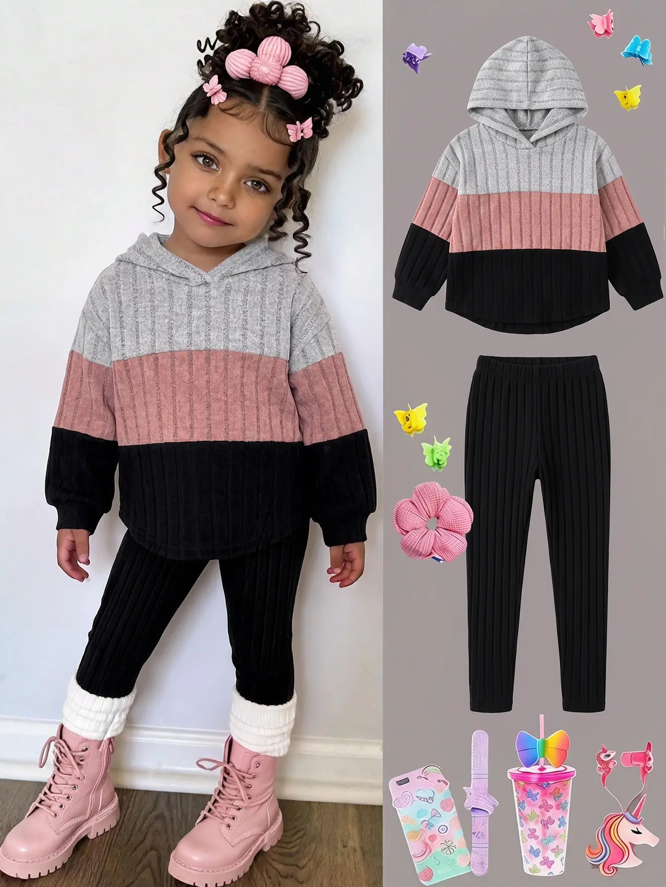Baby Girl Color Block Patchwork Loose Fleece Brushed Ribbed Elastic Fabric Hooded Pullover Autumn Top Basic Ribbed Leggings Suitable For Winter