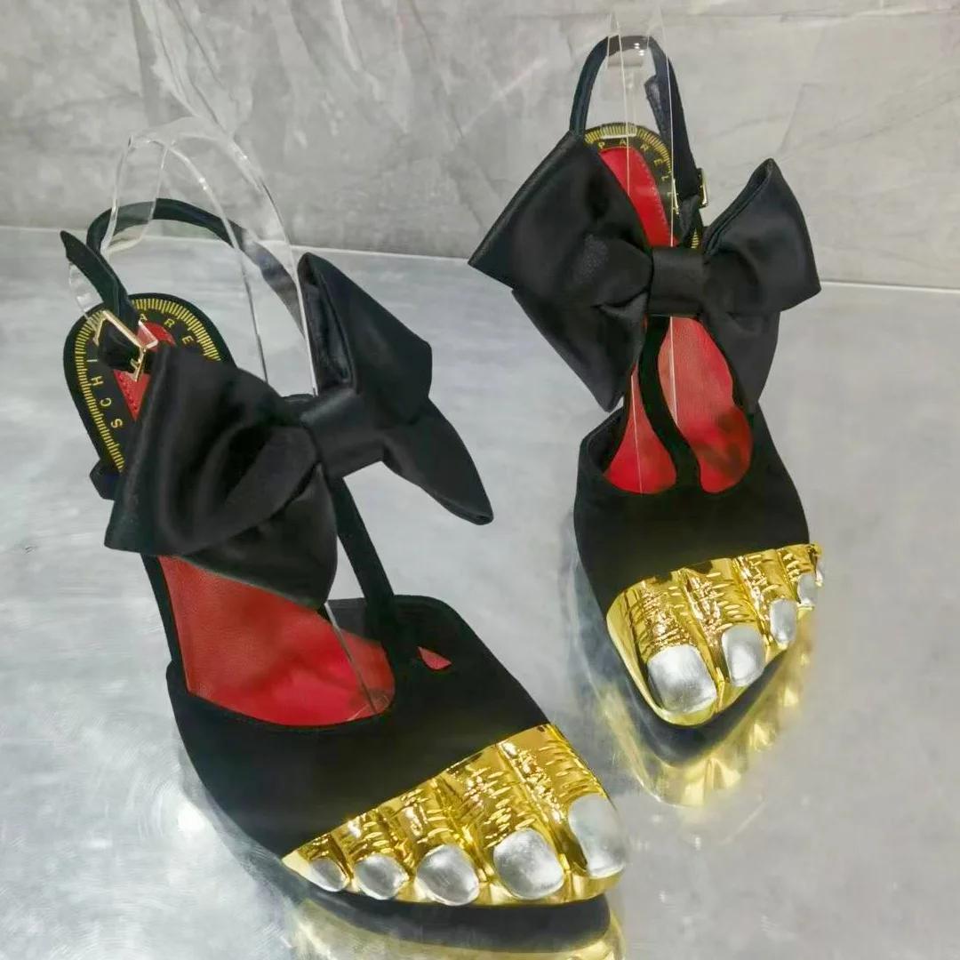 

Black Cloth Butterfly-Knot Sandales A Talons Golden Thumb Pointed Closed-Toe Shoes Women Buckle Strap Stiletto High Heel Fashion