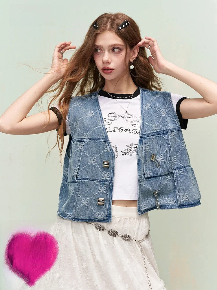

Cool Trendy Floral Embroidery Denim Vest Women Early Spring Vintage Sle Casual Faion V-Ne Single Button Cotton Blend Vest