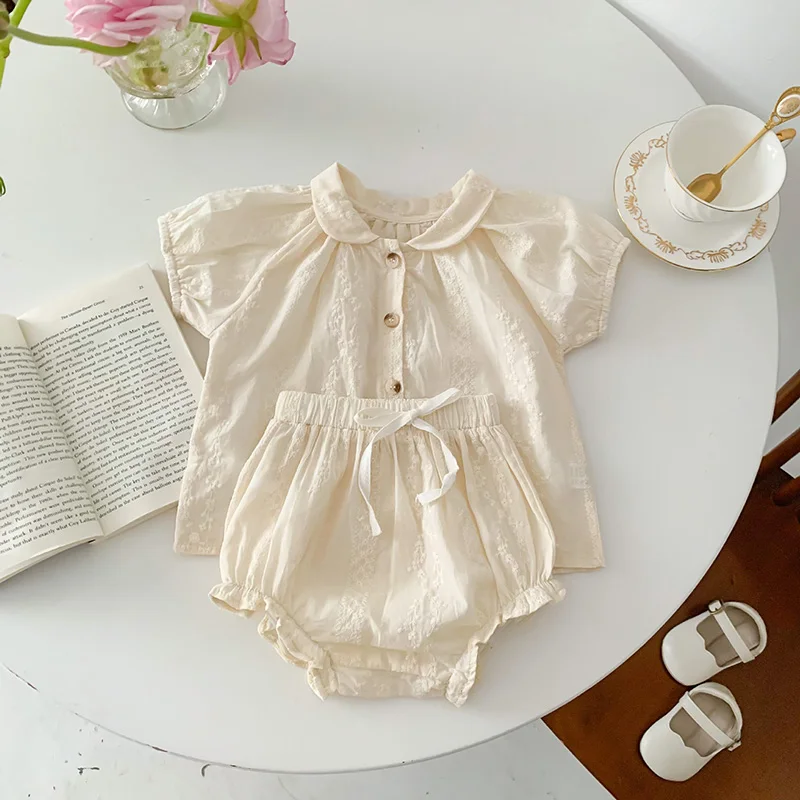 2pcs Solid Shirt Infant Baby Girl Clothing Set for Newborns Embroidery Princess Baby Girls Clothes Tee and Bloomer Shorts Suits