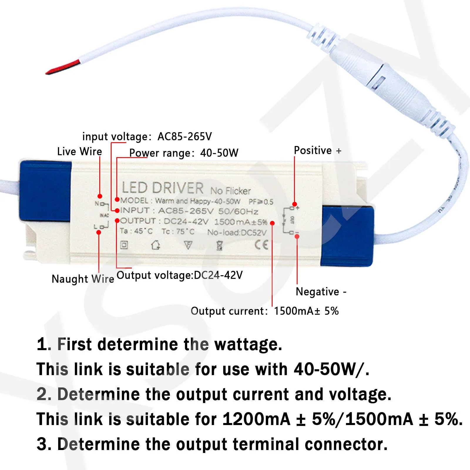 LED 40-50W Power Supply Lighting Transformer DC24-42V Output 110V  220V1200mA 1500mA LED External Driver DC Connector Panel Lamp