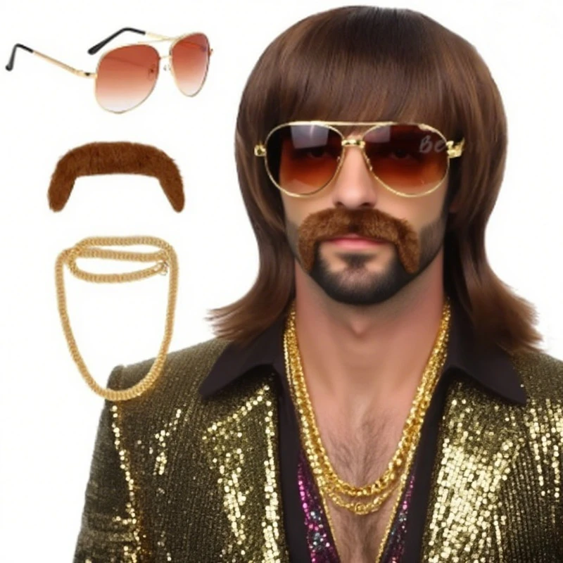 Peruka Fun Shack Brown Octopus dla mężczyzn, styl retro rockera z lat 60. z naszyjnikiem z wąsami i okularami, cosplay zespołu rockowego na imprezę disco z lat 70.