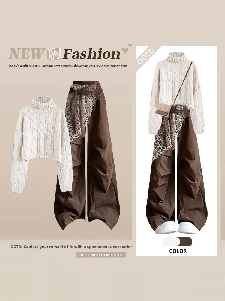 

Casual High Ne ort Sve Sweater with Silk Scarf Wide Leg Pants High Waist Two Piece Set Spring Faion Knitted Wear