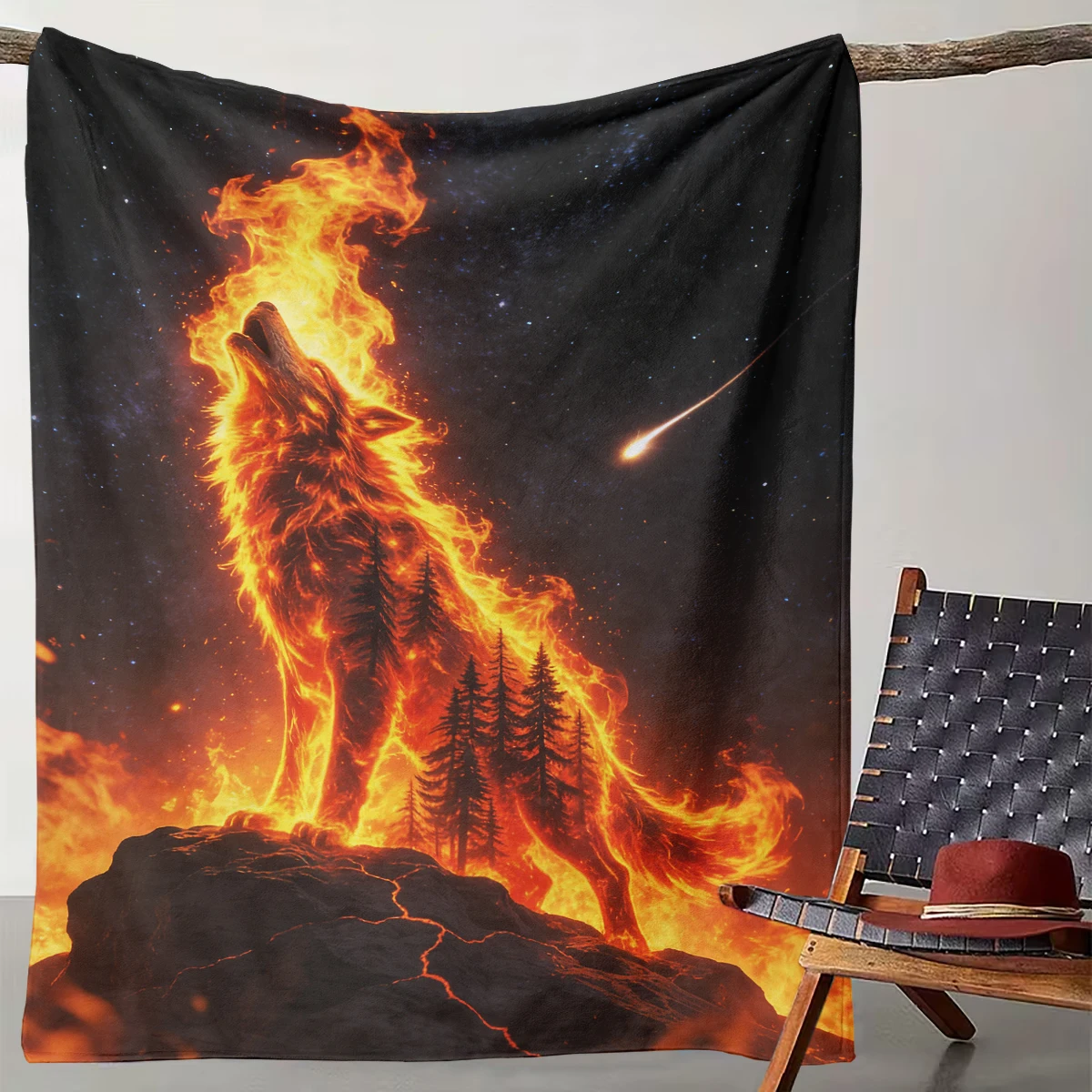 

1 Starry Sky Flame Wolf Epic Style Domineering Personalized Blanket a Gift Suitable for All Seasons - Can Be Used for Bed