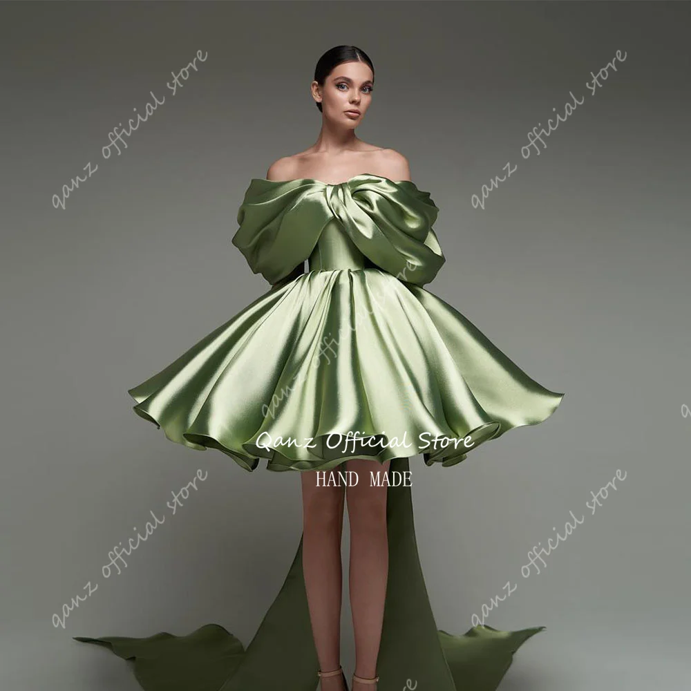 Qanz Off The Shoulder Green Prom Dresses Short Party Dresses Satin Abendkleider Dubai Luxury Cocktail Dresses 2024 Customized