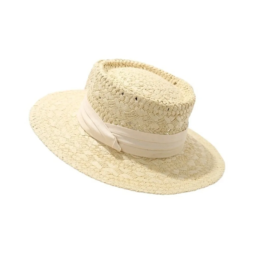 Vintage Wide Brim Hollow Straw Hat Sunscreen Sun Protection Western Cowboy Hat Cloth Buckle French Style Visor Cap Women
