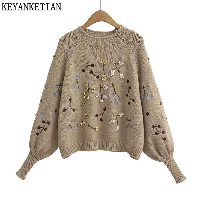 KEYANKETIAN Winter New Women\'s Hand-Beaded Flowers Decorate Embroidery Sweater Mori Girl Style Lantern Sleeve Padded Pullover