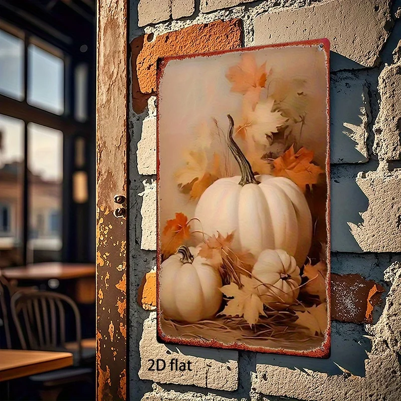 2D Flat - 1pc Vintage Autumn Pumpkin Maple Leaves Metal Wall Art – Rustic Decorative Painting, 2D Flat Printing, Detailed Floral