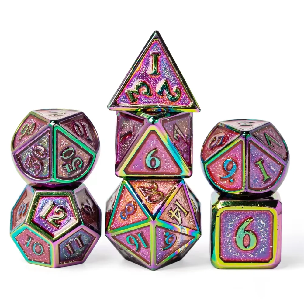 Cusdie Metal Glitter Dices DND 7Pcs Frame Solid D&D Dice D4-D20 Polyhedral Dice Set for Role Playing Game Pathfinder TRPG