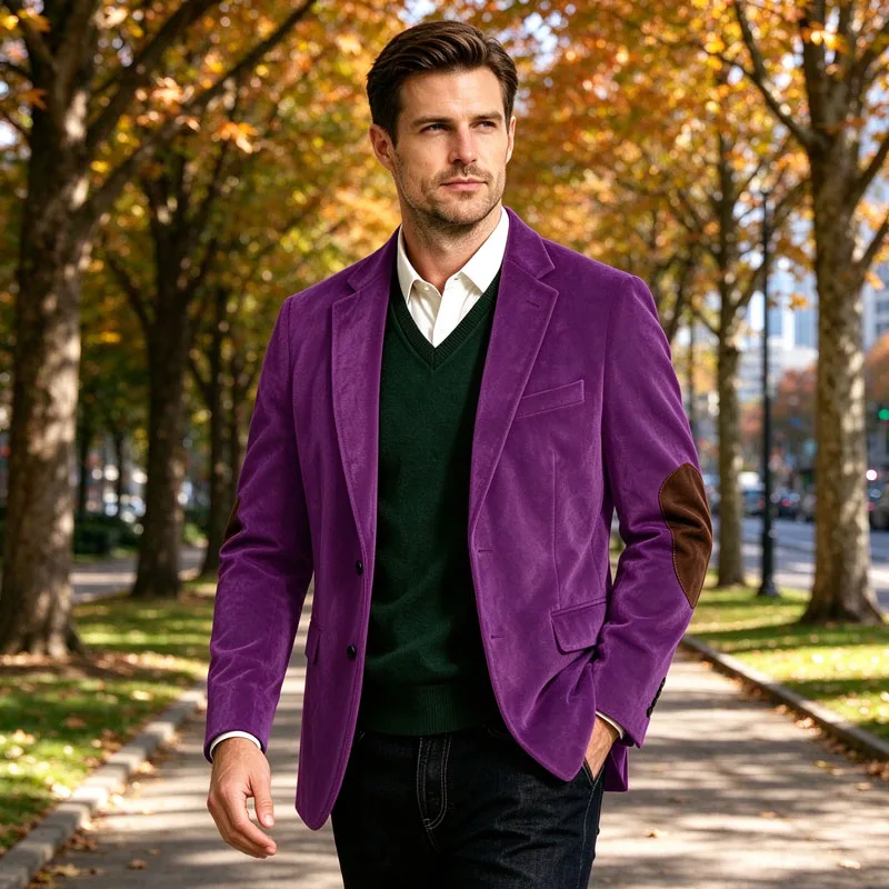 Men Velvet Blazer Elbow Patches Design Notched Lapel 2 Buttons Slim Fit Suit Jacket Casual Business Formal Party Office For Male