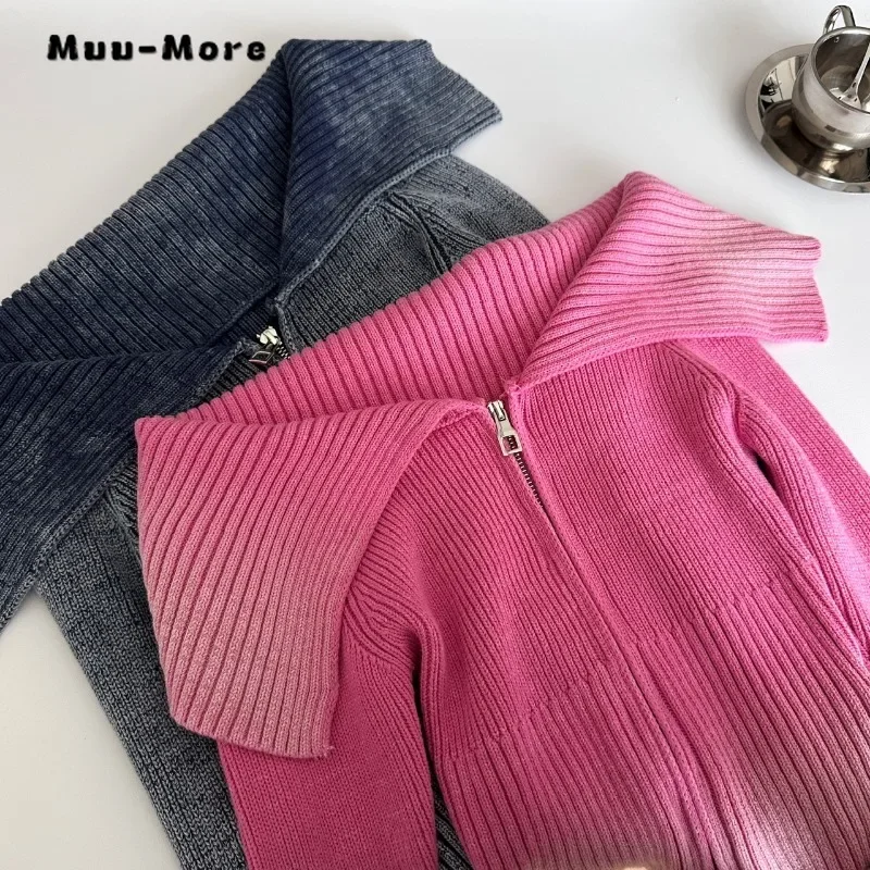 2023 Autumn Women Zipper Design  Harajuku Knitted Cardigans Korean  Fashion Turn Down Collar Sweater Flare Sleeve Outerwear