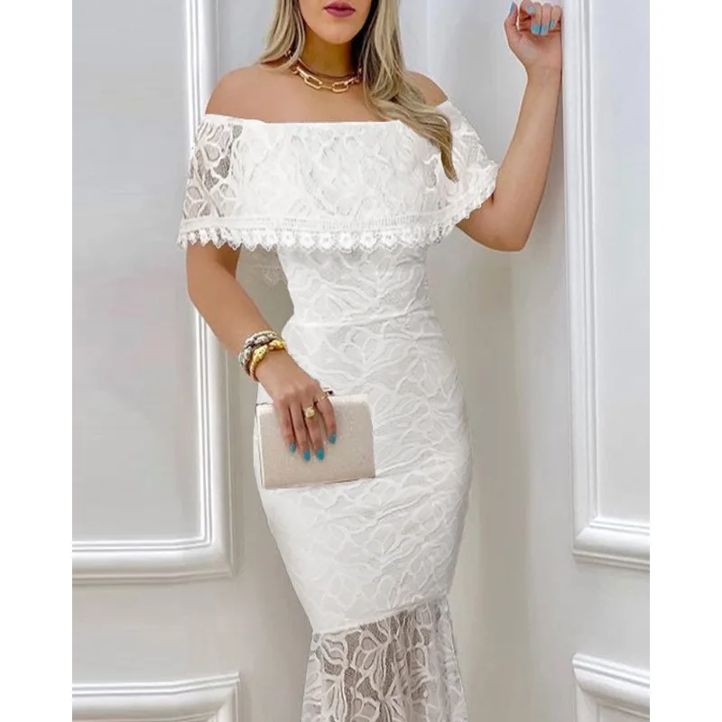 

2025 Sexy Women Summer Lace Tight Party Dress Elegant Y2K Off Shoulder Slim Hollow Out Mermaid Dinner Ruffle Evening Dress