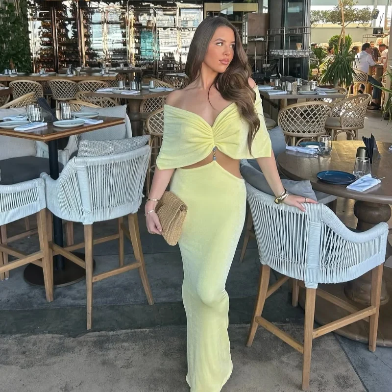 Vestido largo amarillo plisado con cuello en V elegante para mujer, vestidos de cintura alta ajustados recortados a la moda, nuevos vestidos de playa para vacaciones de verano