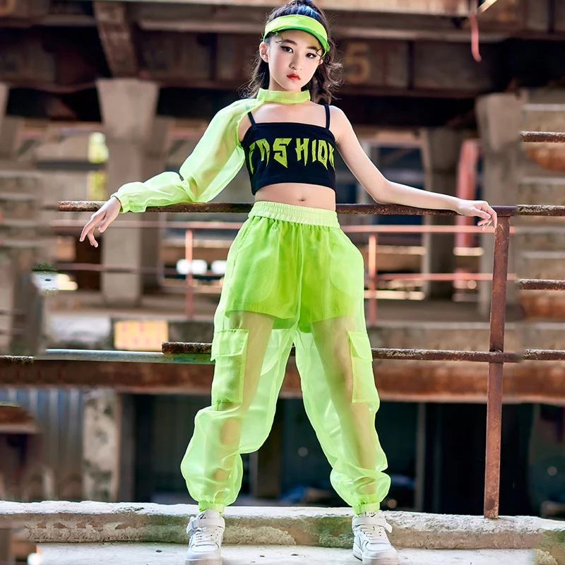 

Kid Cool Hip Hop Clothing Mesh Single Sleeved Hollow Causal Pants For Girl Jazz Ballroom Dance Costume Performance Wear DN11874