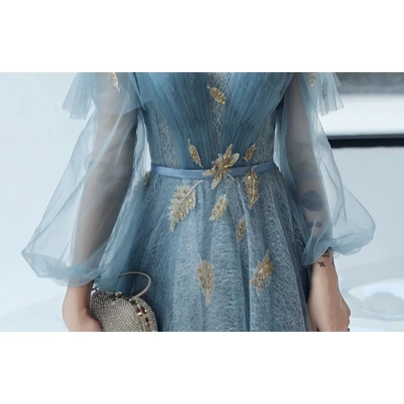 Novo vestido de noite azul com decote em v, placa de malha, moda banquete, reunião anual sonhadora, performance, estilo longo, saia de fio