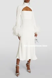 Customized Luxury Evening Dresses A-Line Halter Floor-Length Feather Zipper Up Long Sleeves Lining Elegant Party Dresses